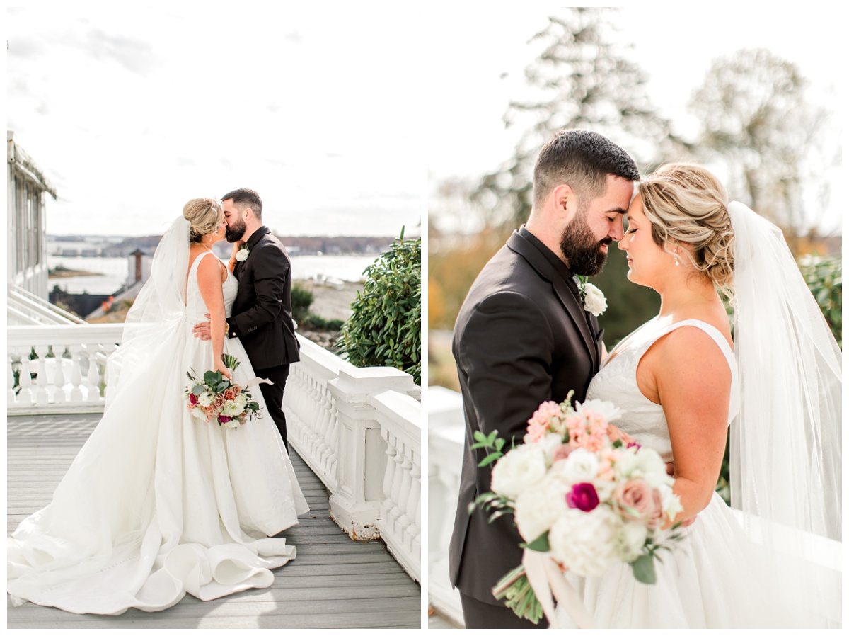 Tommy and Lauren posing for romantic bride and groom portraits during their Haley Mansion wedding in Mystic CT