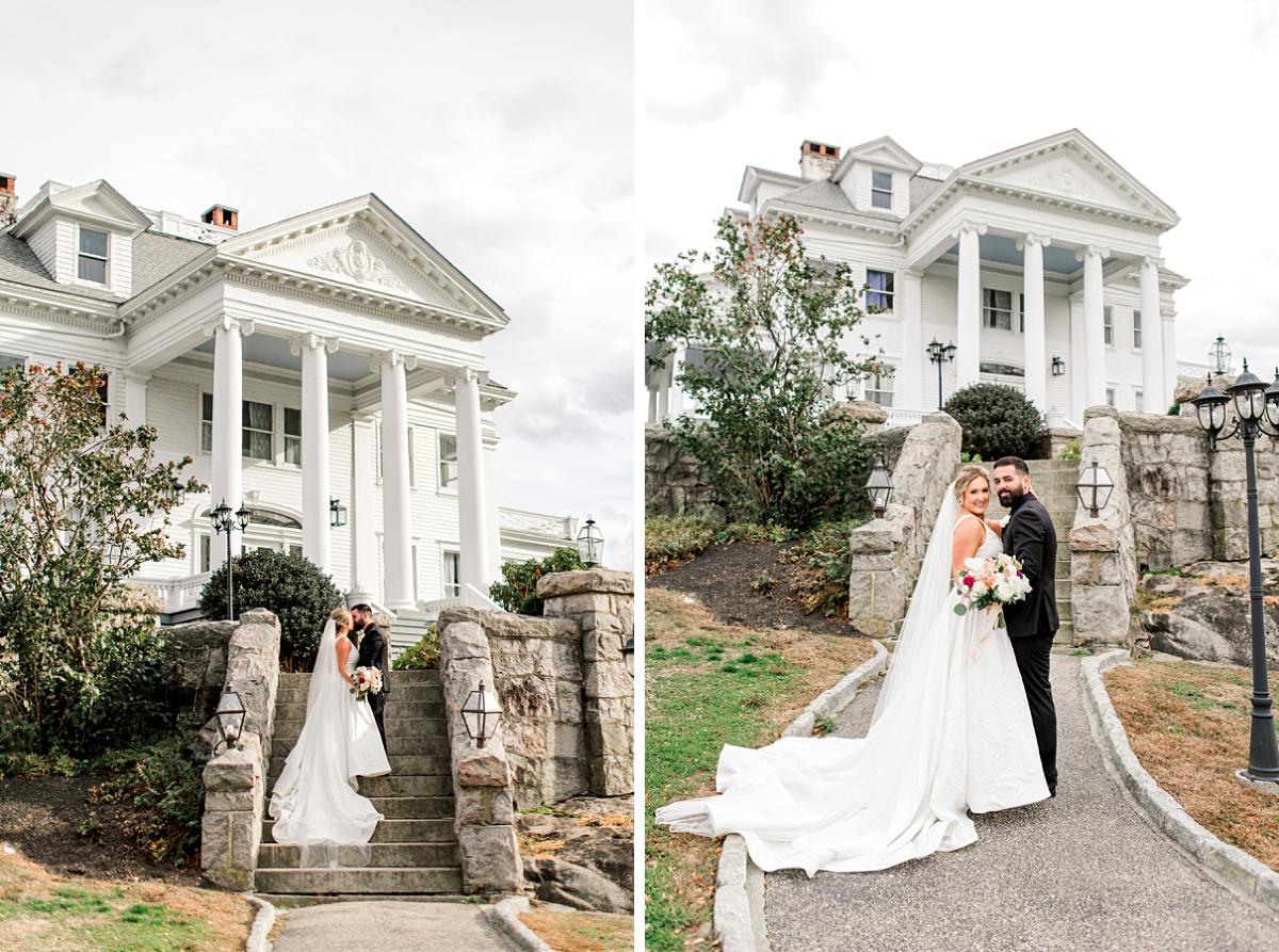 Bride and groom portraits in front of Haley Manson in Mystic CT