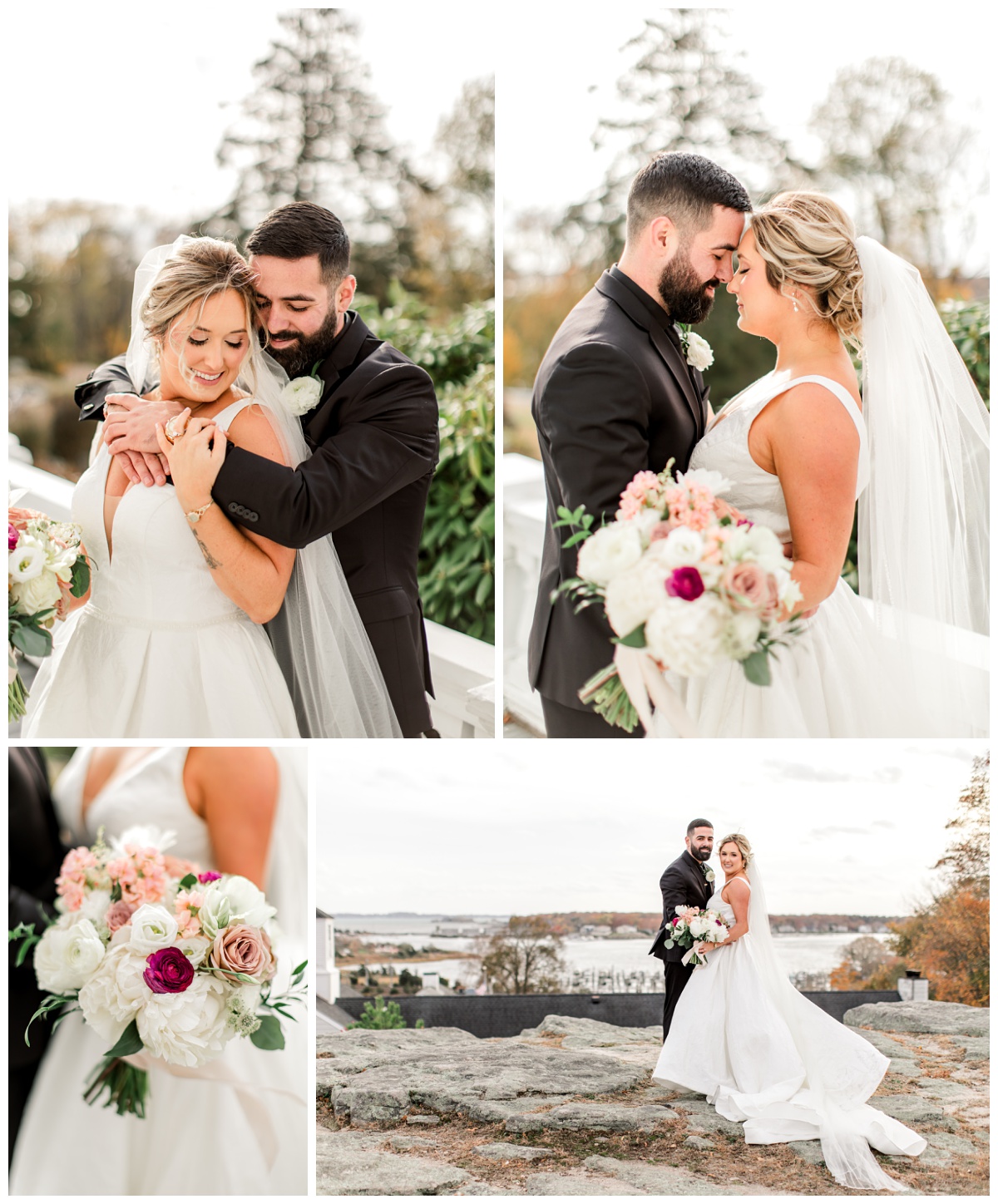 Tommy and Lauren posing for romantic bride and groom portraits during their Haley Mansion wedding in Mystic CT